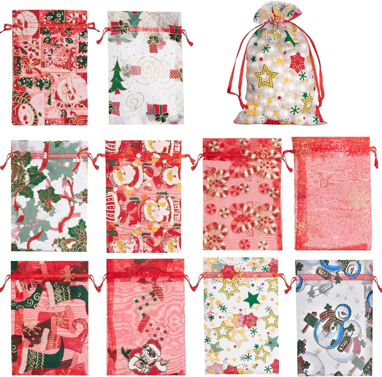 50 PCS 4x6 Inches Mixed Color Christmas Organza Gift Bags with Drawstring, Jewelry Candy Bags for Christmas